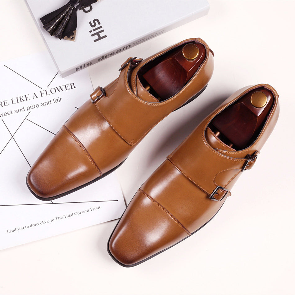 Men’s Leather Business Shoes – Square Toe with Buckle Detail