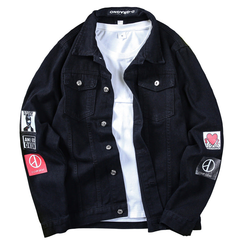 Plus Size Printed Black Denim Jacket Men