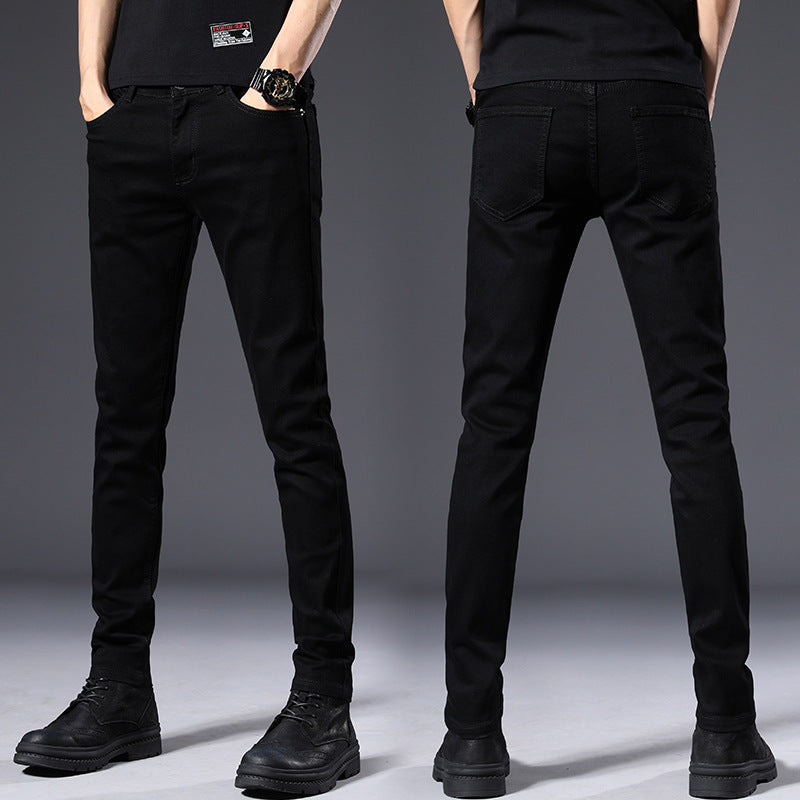 Pure Black Slim-Fit Men’s Jeans – Korean Style Skinny Pants