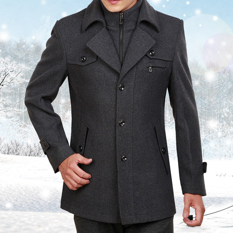 Men’s Thickened Woolen Mid-Length Trenchcoat