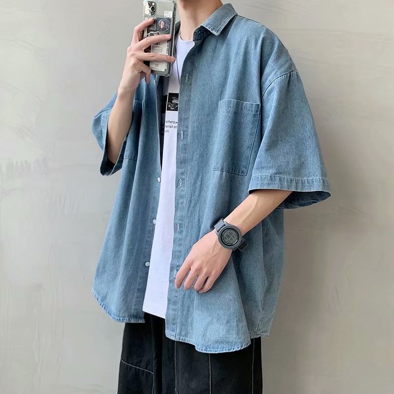 Men’s Denim Short-Sleeve Shirt – Trendy Korean Style Workwear