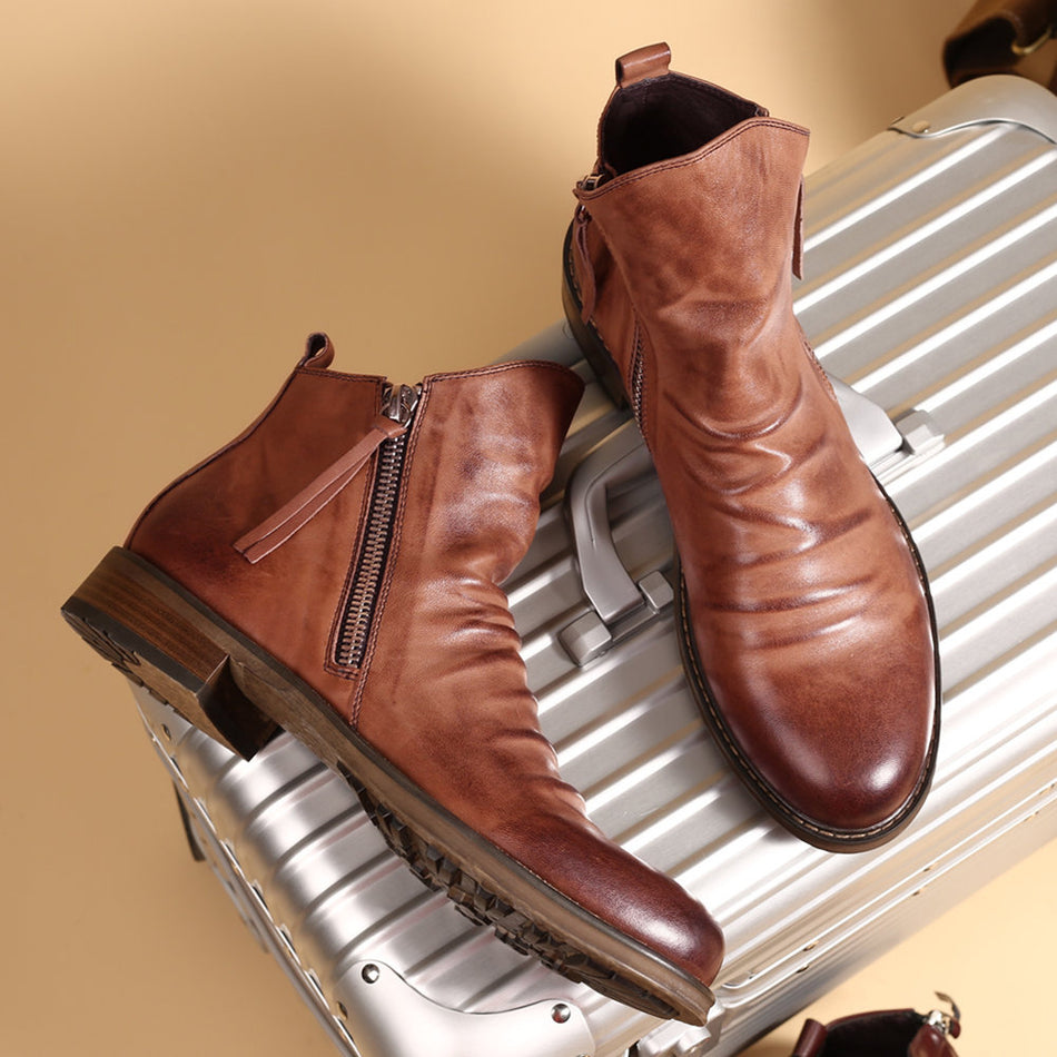 Men’s Zipper Leather Boots | Dual Zip & Tassel Style