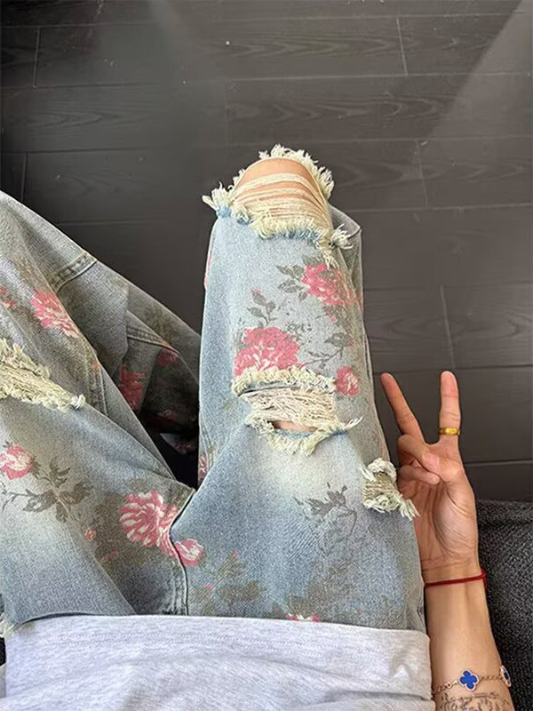 Floral Print Ripped Jeans – Distressed Street Style