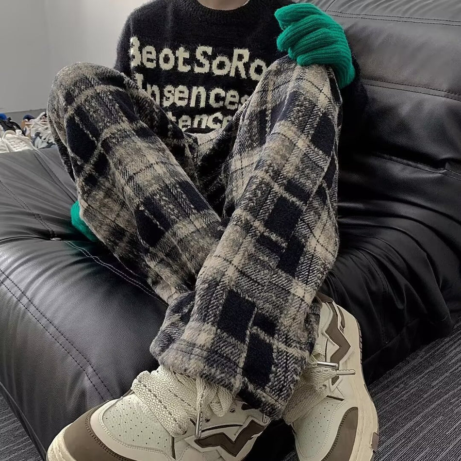 Men’s Wool Plaid Pants – Thick Winter Wide-Leg