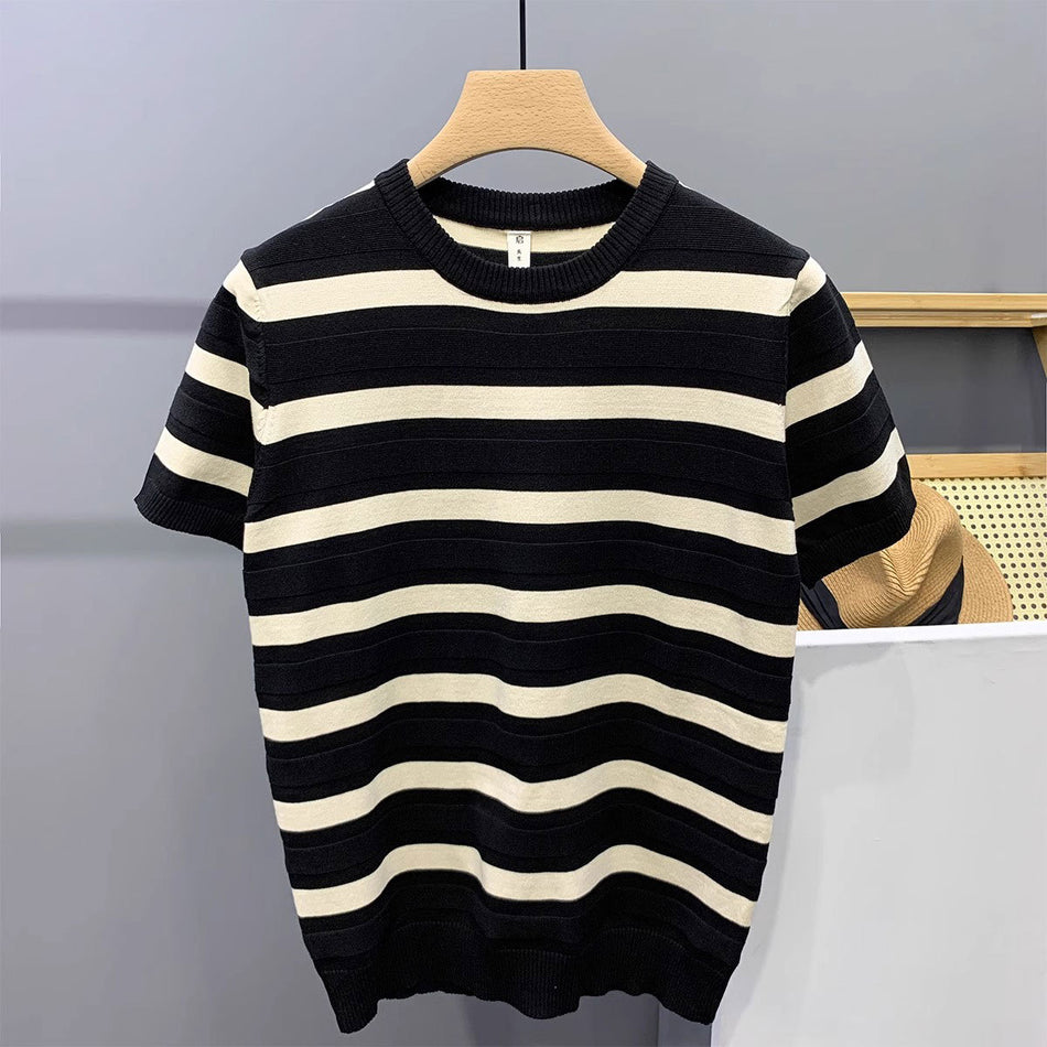 Men’s Striped Ice Silk T-Shirt Round Neck Summer Casual
