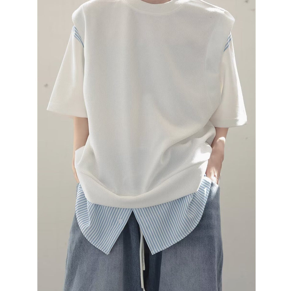 Men’s Waffle Stitching Fake Two-Piece T-Shirt Loose Casual