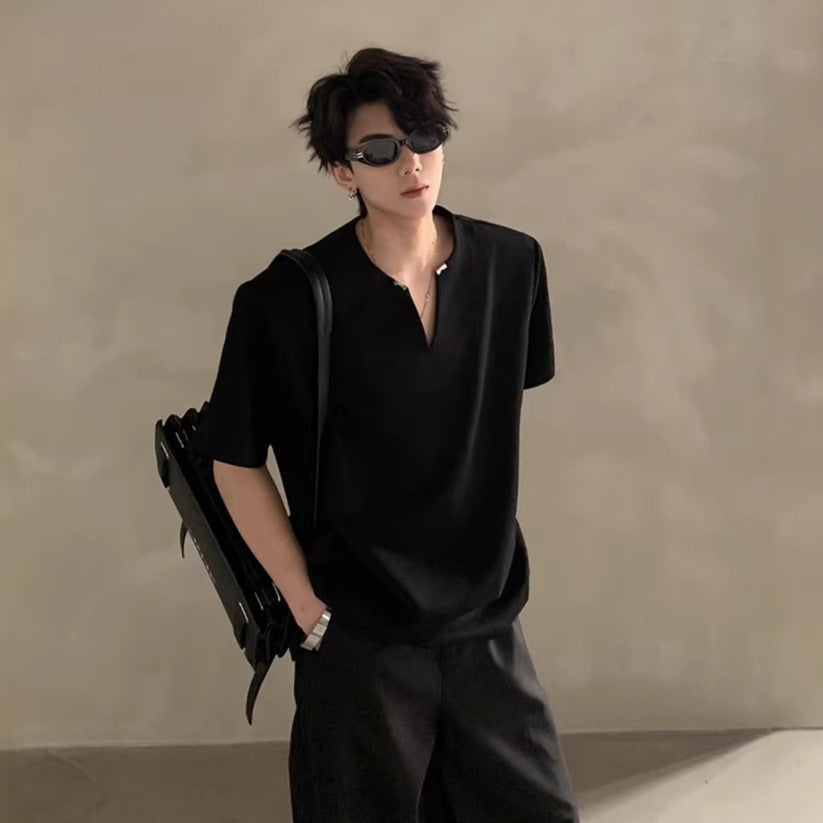 Black Metal V-Neck Loose Summer T-Shirt 2026