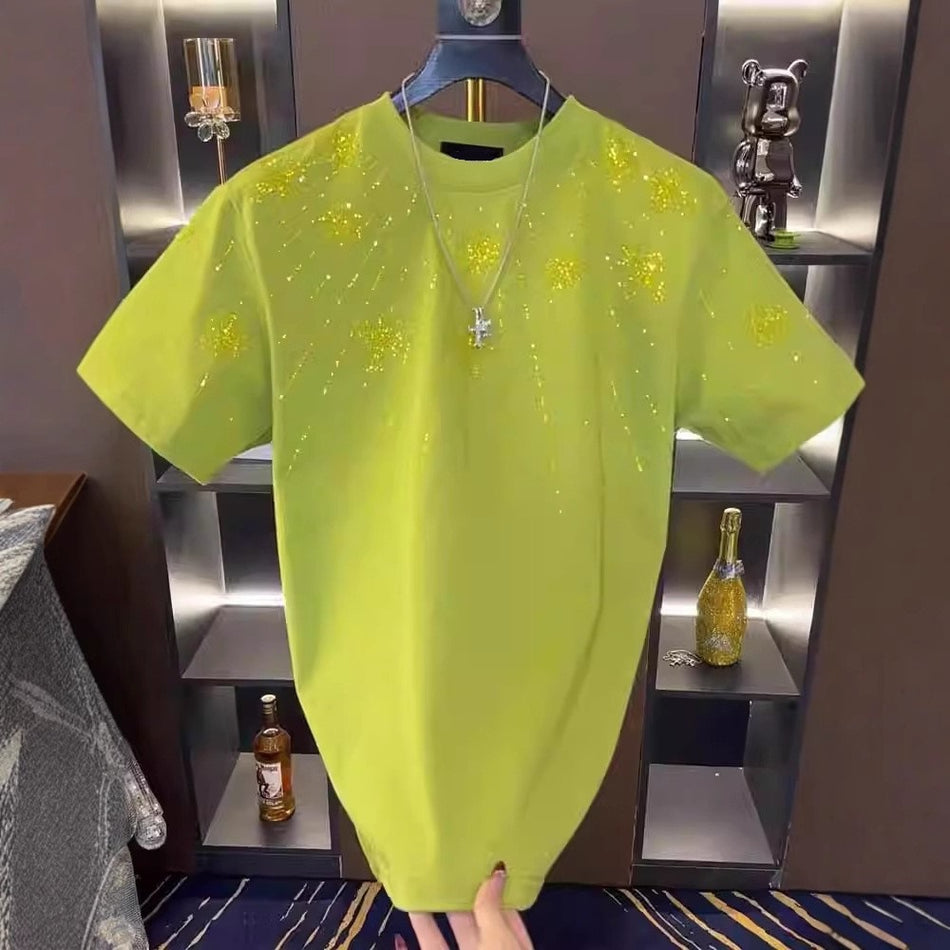 Luxury Rhinestone Round Neck Summer T-Shirt  Description: