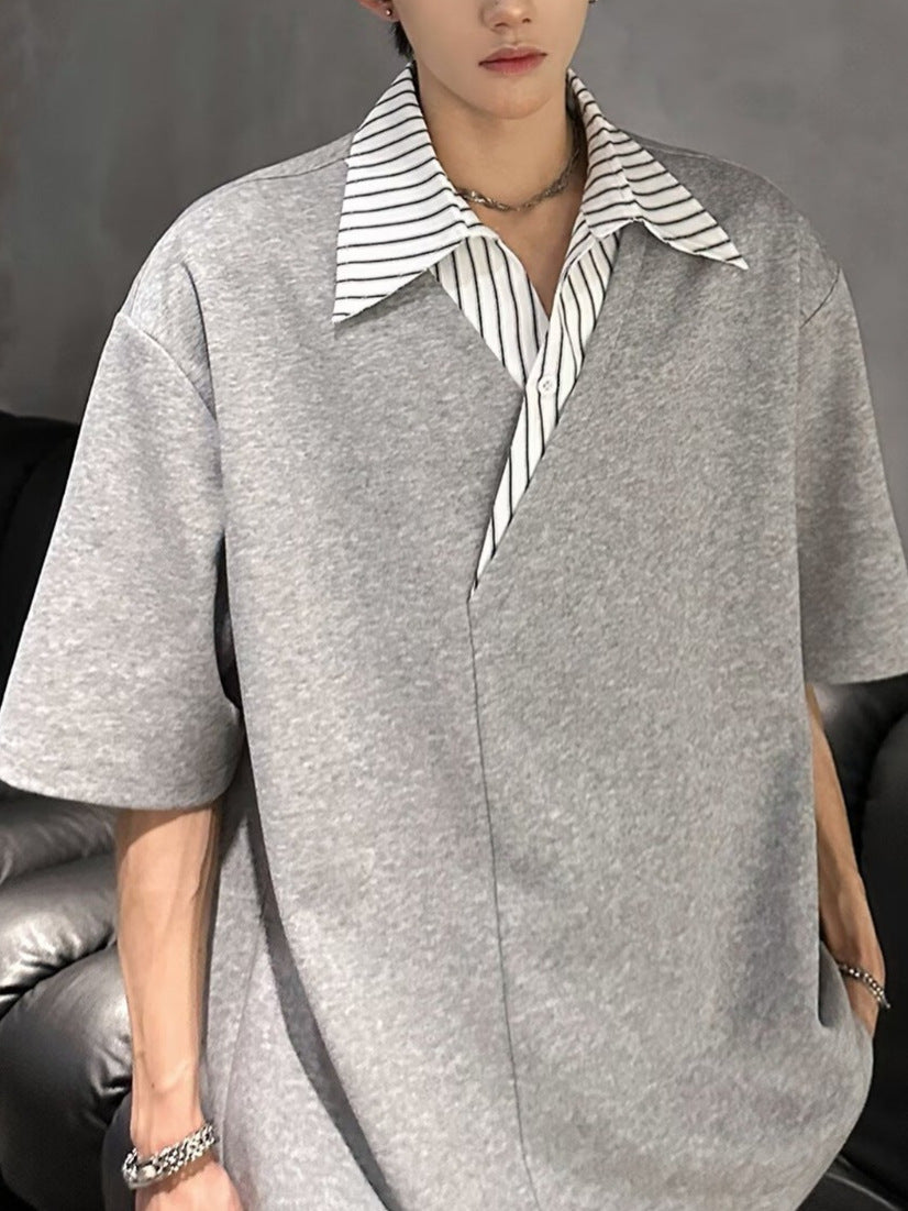 Gray V-Neck Striped Fake Two-Piece Summer T-Shirt