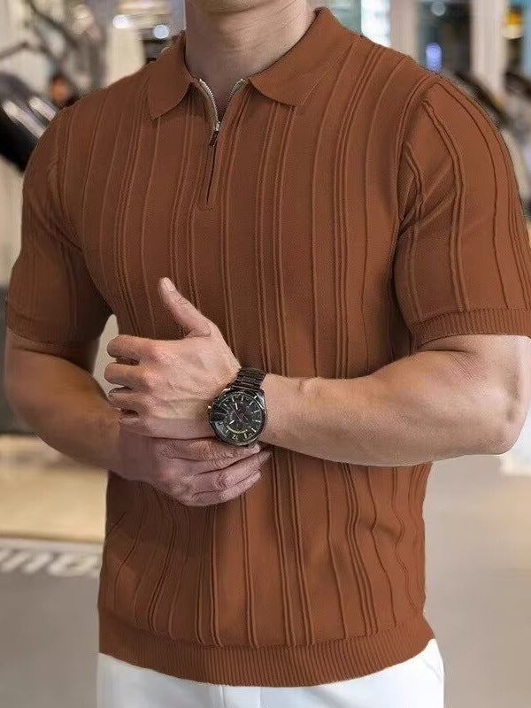 Retro Zipper Knitted Striped Polo T-Shirt