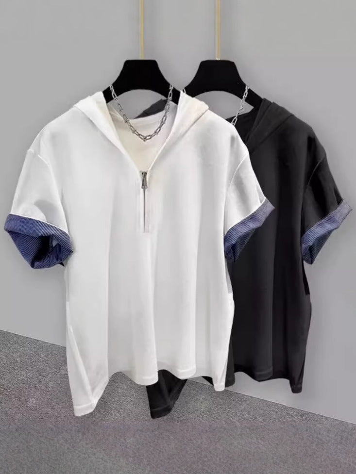 Half-Zip Hooded Stitching Summer T-Shirt