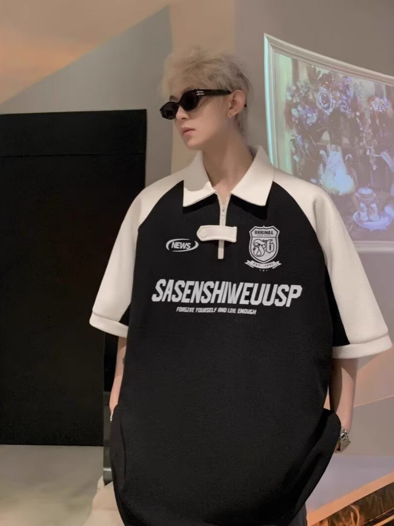 Contrast Stitch Polo Retro Loose T-Shirt