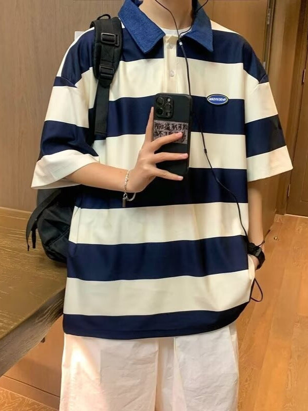 Japanese Striped Polo Summer Loose T-Shirt