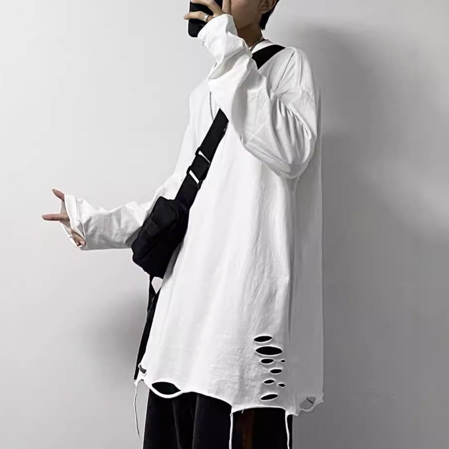 Ripped White Hip-Hop Loose Long Sleeve T-Shirt