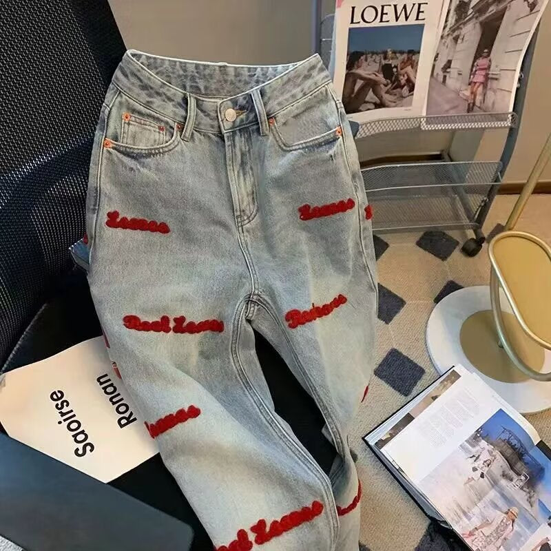 Men’s Retro Letter Embroidery Wide-Leg Jeans