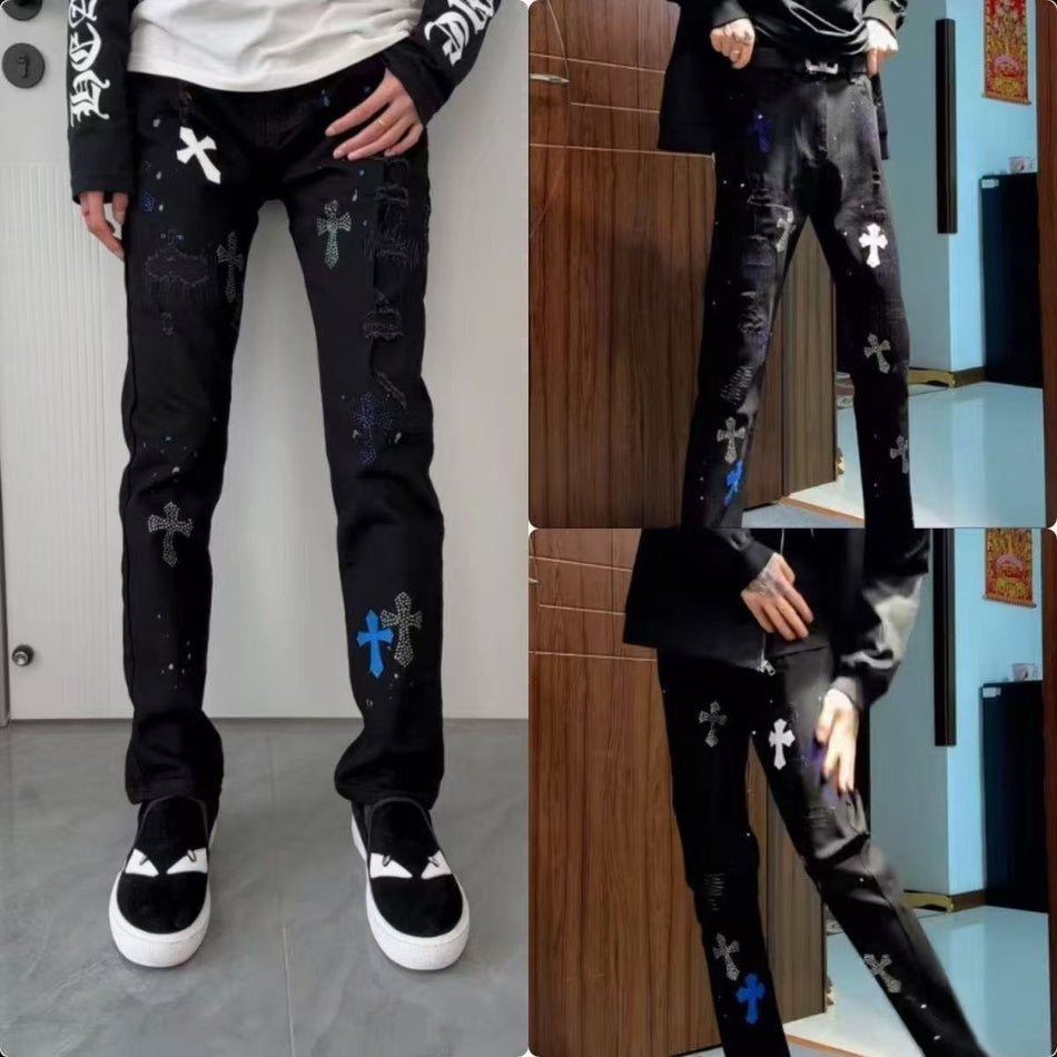 Men’s Stretch Ripped Rhinestone Slim Jeans