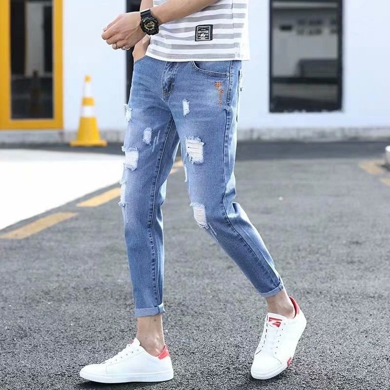 Men’s Korean Slim Ripped Cropped Jeans