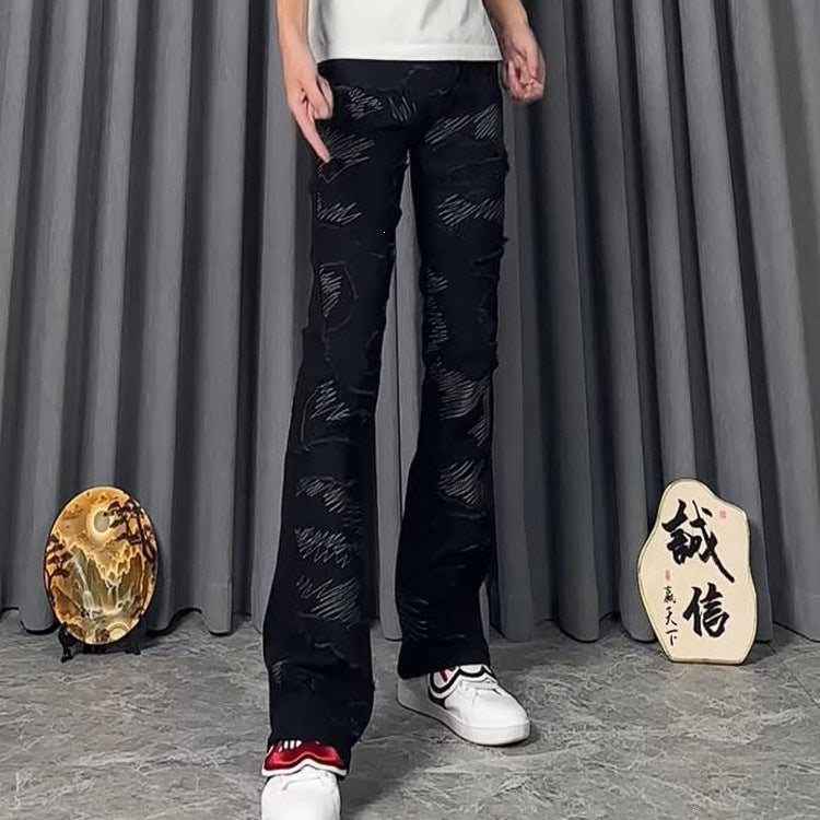 Men’s Black Embroidered Slim Flared Jeans