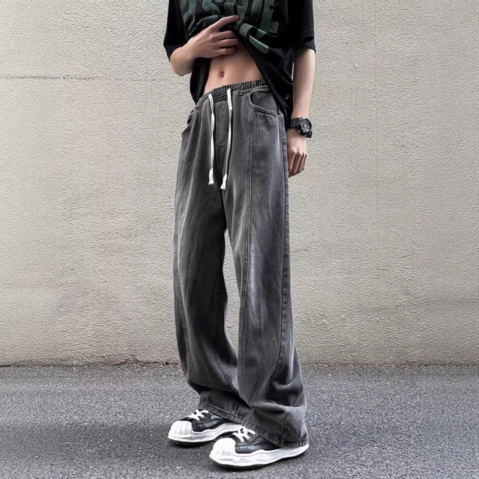 Unisex Drawstring Elastic Waist Distressed Jeans