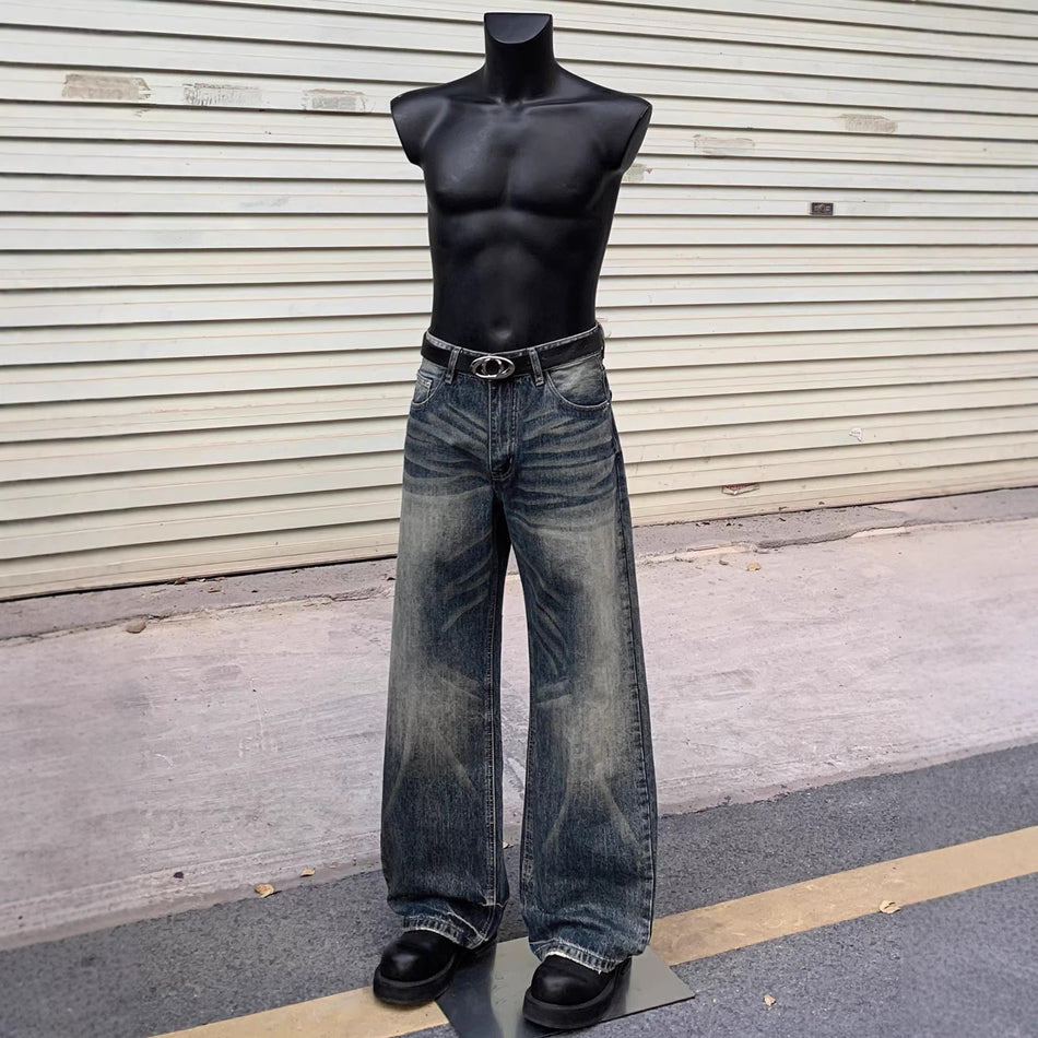 Unisex Washed Pleated Wide-Leg Retro Jeans