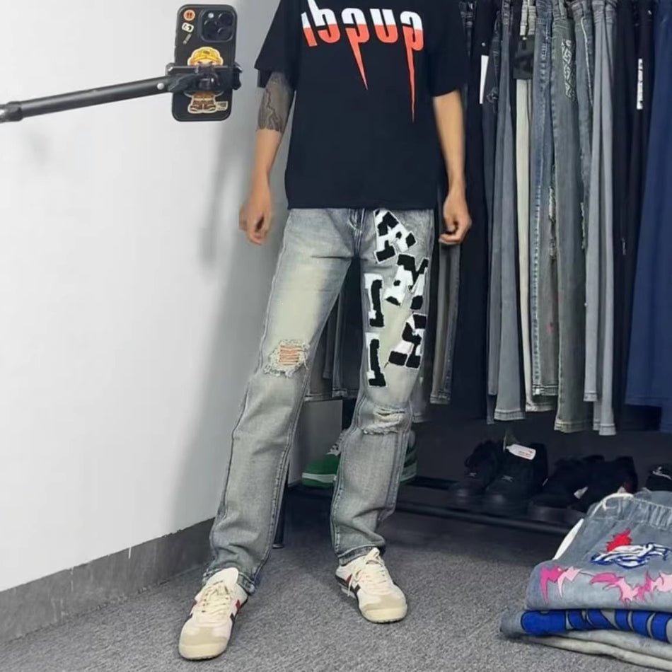 Men’s Ripped Patch Embroidered Slim Jeans