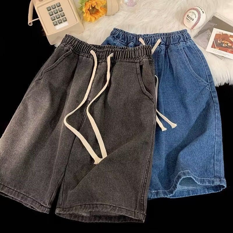 Unisex Drawstring Loose Wide-Leg Denim Shorts