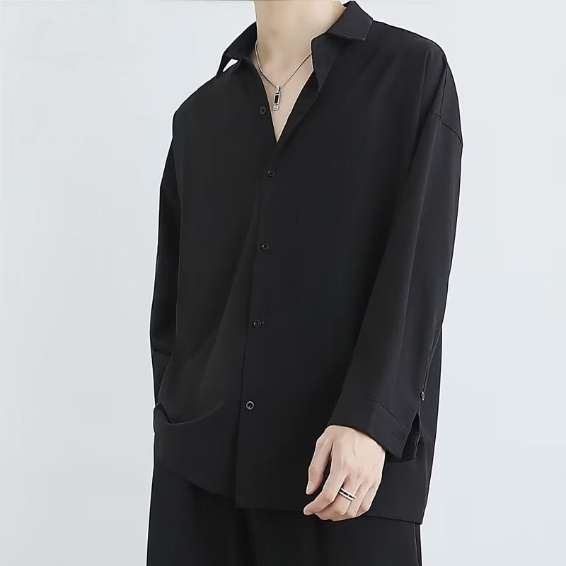 Men’s Ice Silk Black Long Sleeve Casual Shirt