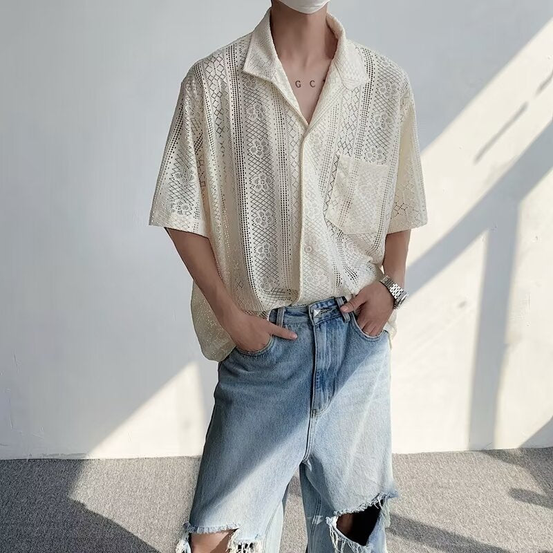 Cuban Collar Hollow Out Casual Shirt Unisex