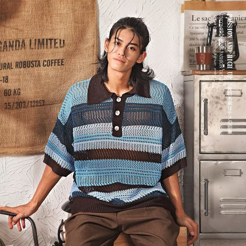Retro Striped Knitted Polo T-Shirt