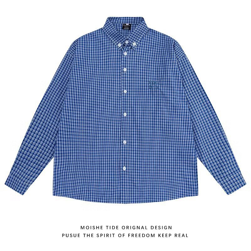 Men’s Retro Embroidered Plaid Long Sleeve Shirt
