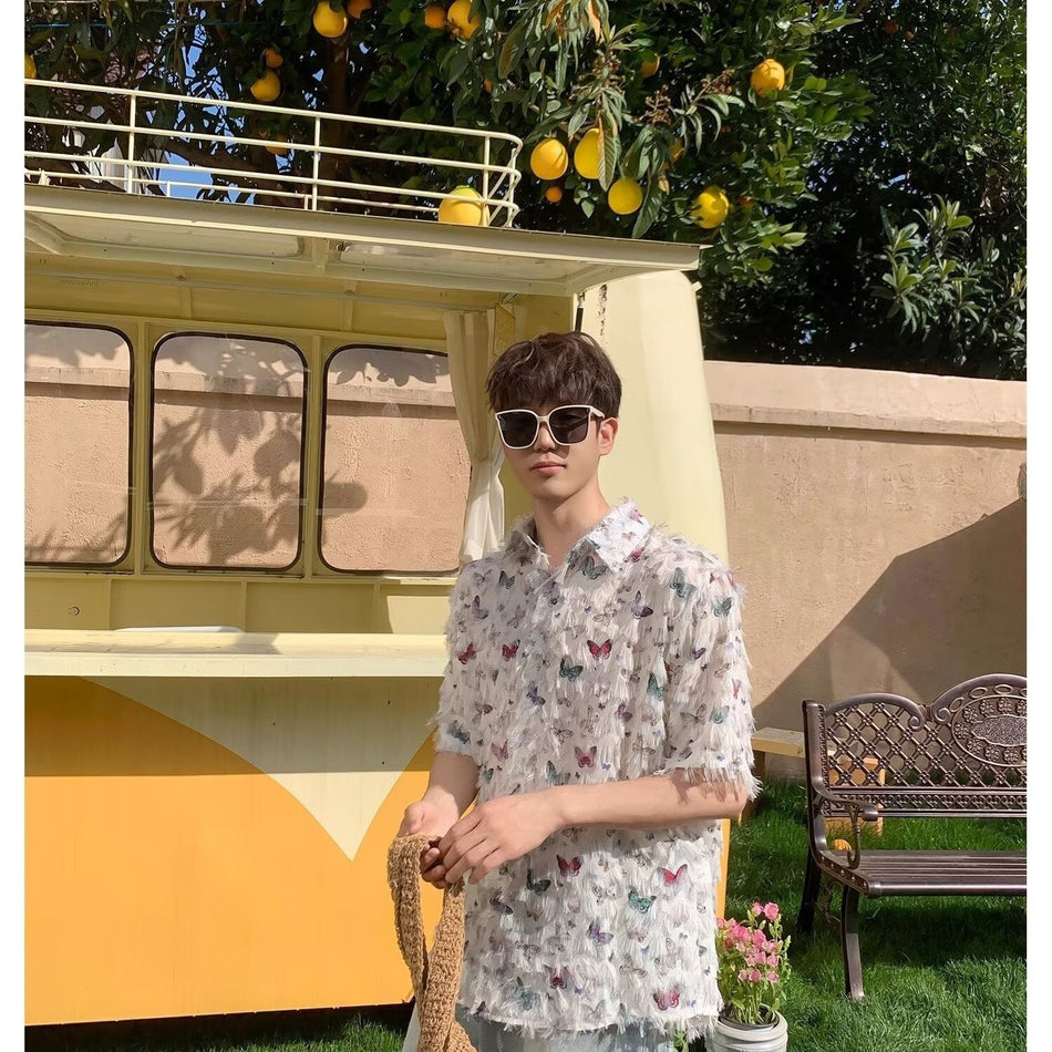 Men’s Butterfly Print Short Sleeve Casual Shirt