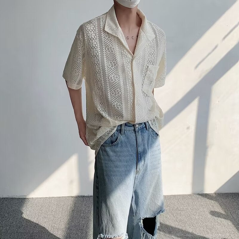 Unisex Cuban Collar Hollow Casual Summer Shirt