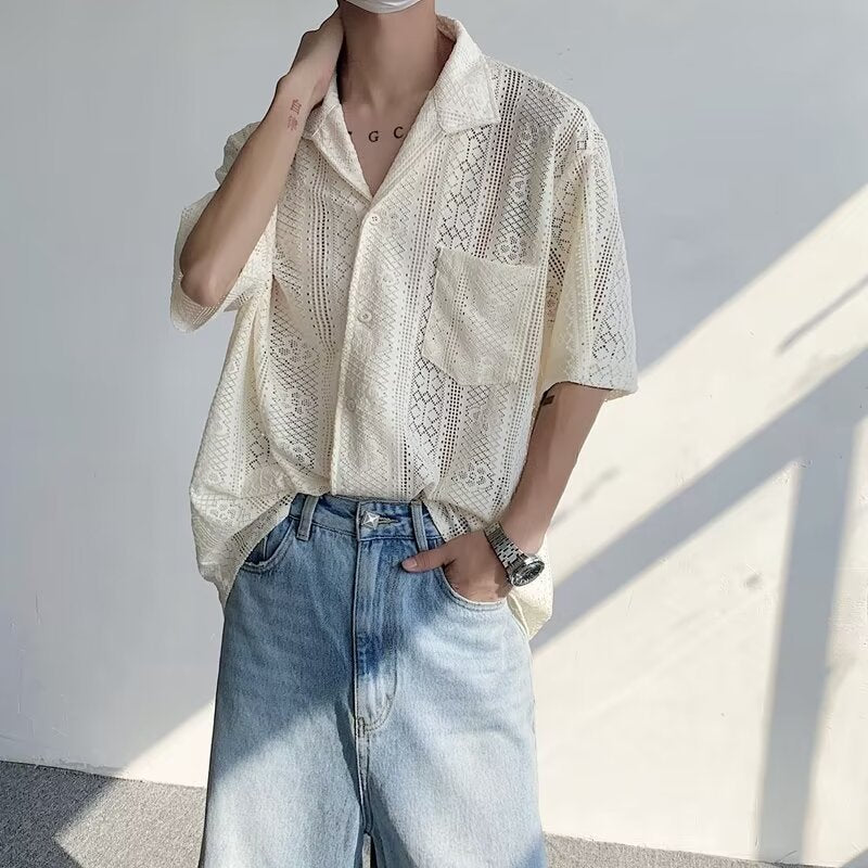 Unisex Cuban Collar Hollow Casual Summer Shirt