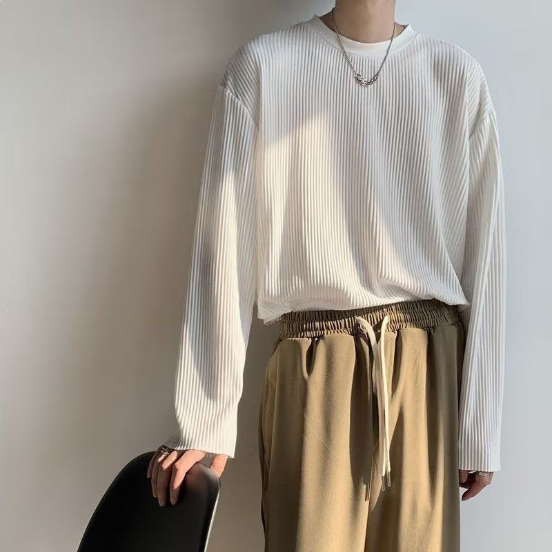 Men’s Pleated Long Sleeve Summer T-Shirt – Loose Fit