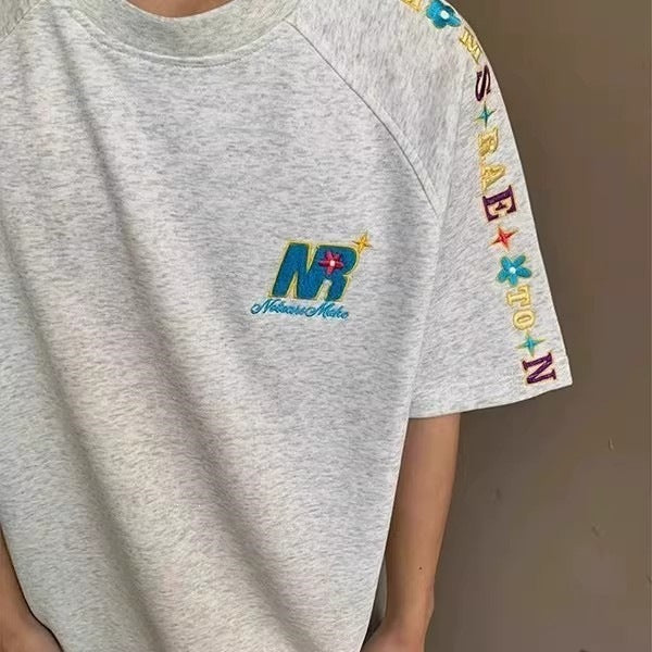 The Street-Icon – Cross-Border "National Fashion" Letter & Flower Embroidered Tee