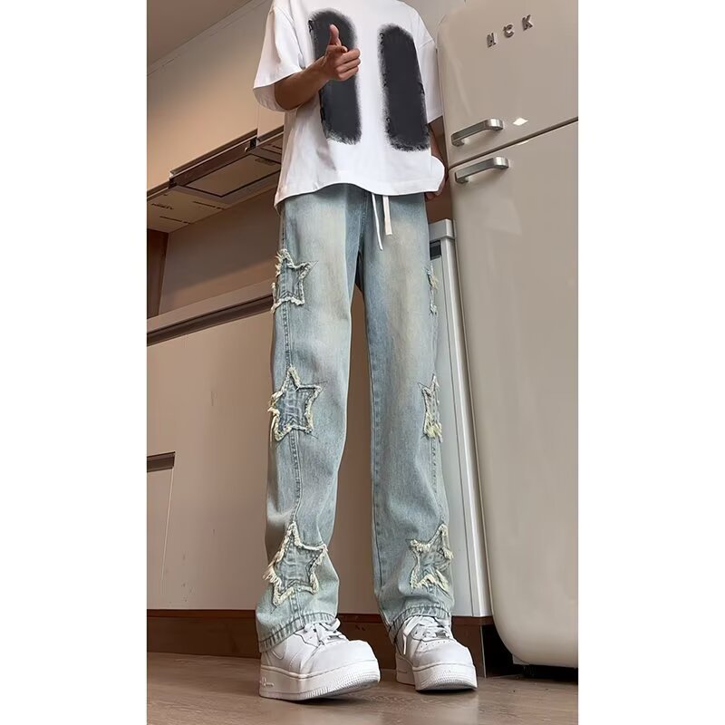 Men’s Star Embroidered Jeans – Light Blue Street Style