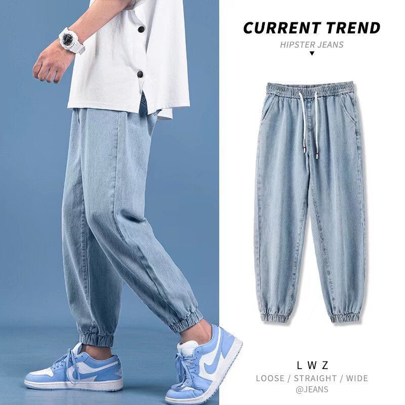 Men’s Elastic Waist Cropped Jeans – Casual Harem Style