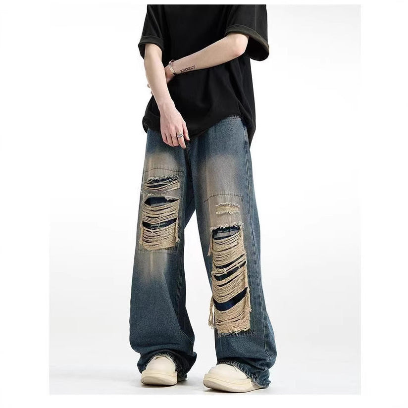 Men’s Ripped Pouch Jeans – Loose Streetwear Style