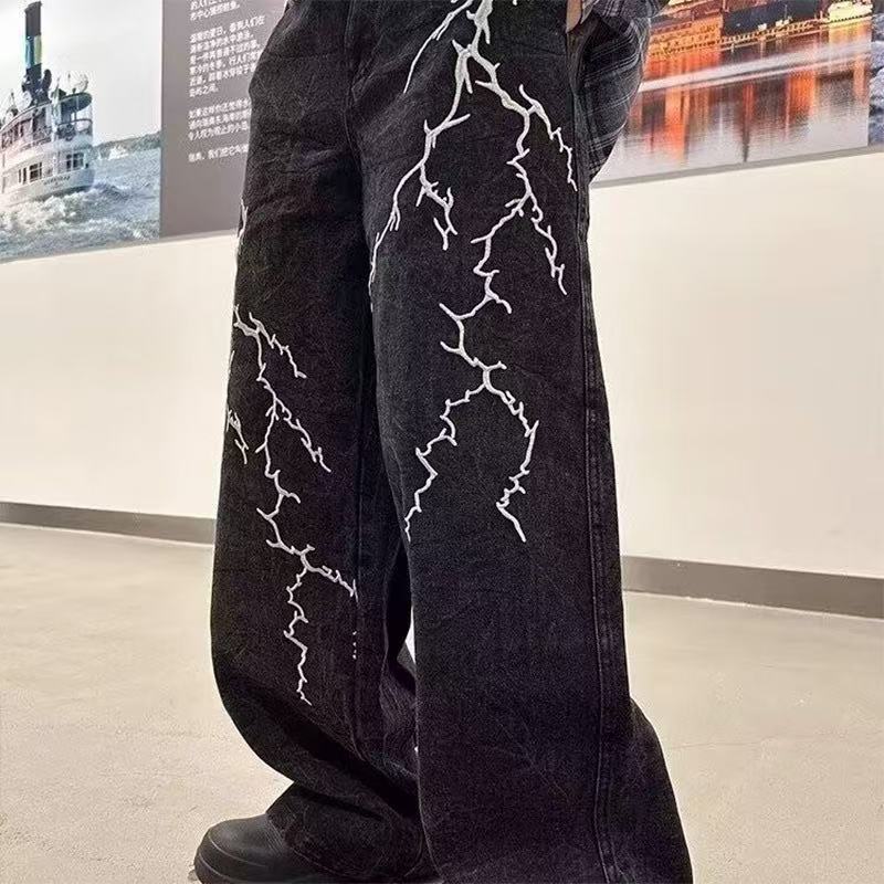 Men’s Retro Embroidered Distressed Jeans – Street Style