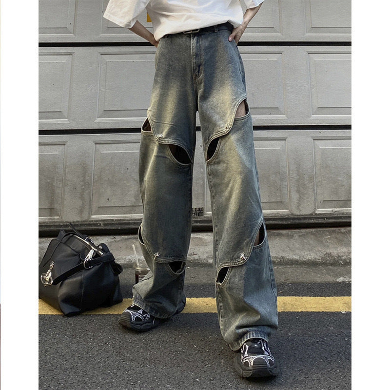 Men’s Retro Ripped Wide-Leg Jeans – High Street Style