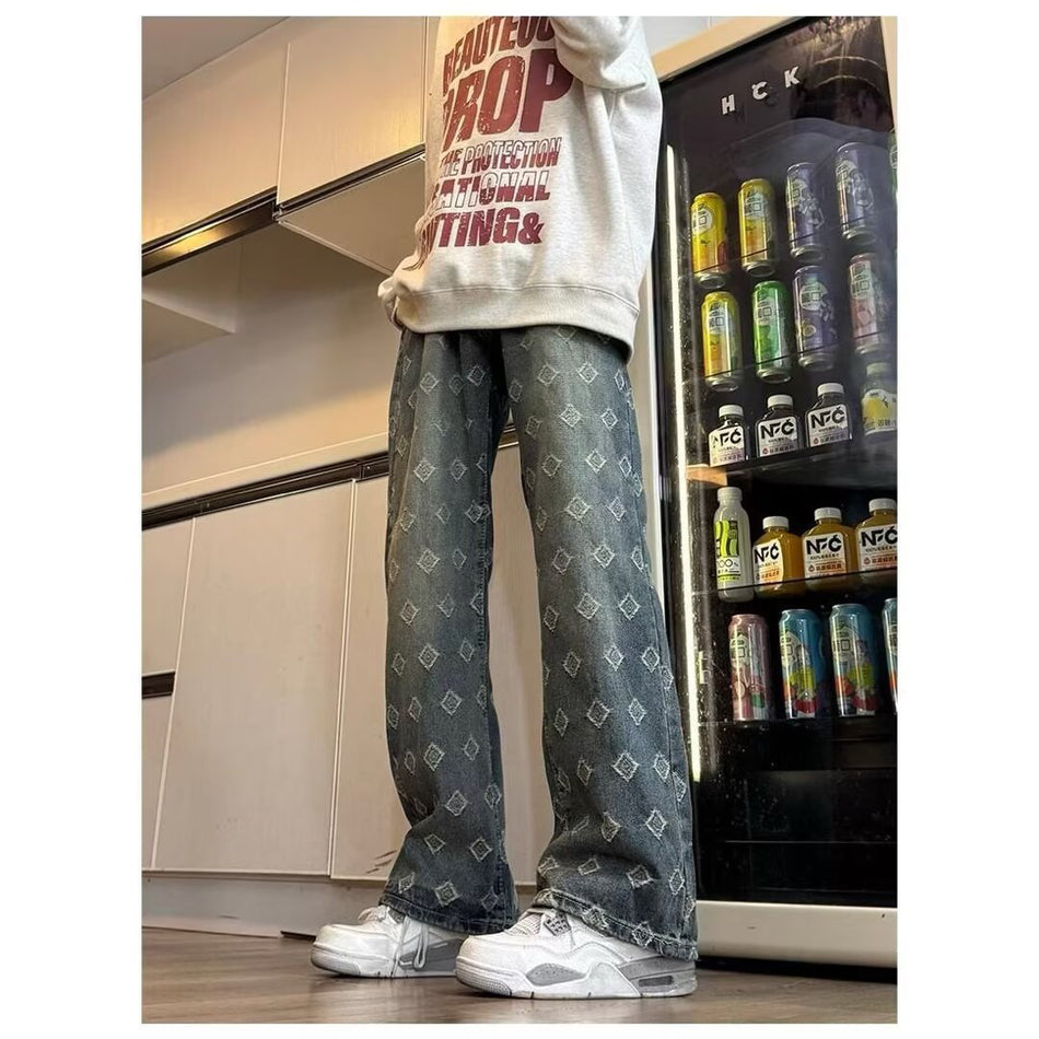 Jacquard Washed Wide-Leg Flared Men’s Street Jeans