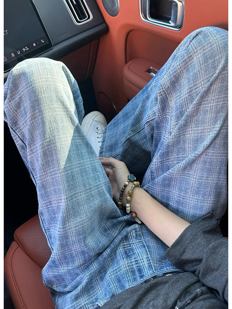 Retro Plaid Loose Straight Men’s Casual Jeans Pants