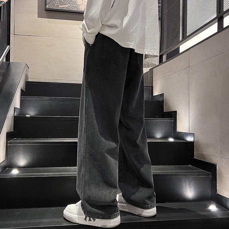 Black Drawstring Wide-Leg Men’s Workwear Jeans Pants