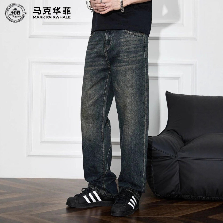 Dark Blue Washed Loose Flared Men’s Casual Jeans