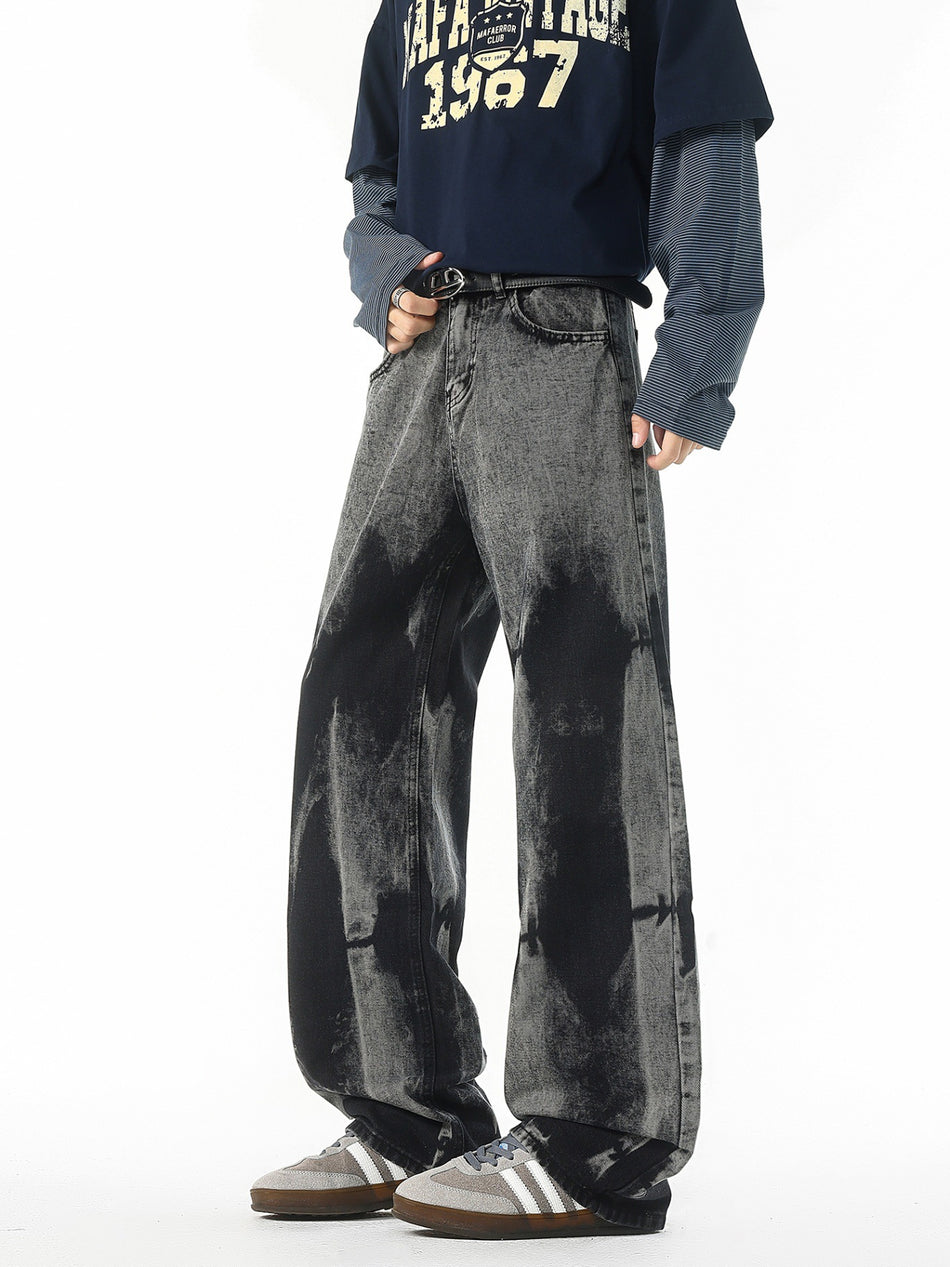 Black Gradient Tie-Dye Wide-Leg Men’s Street Jeans