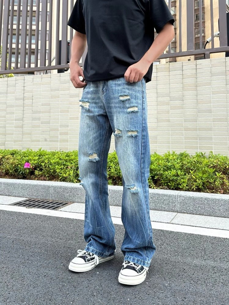 Men’s Vintage Washed Ripped Wide-Leg Jeans