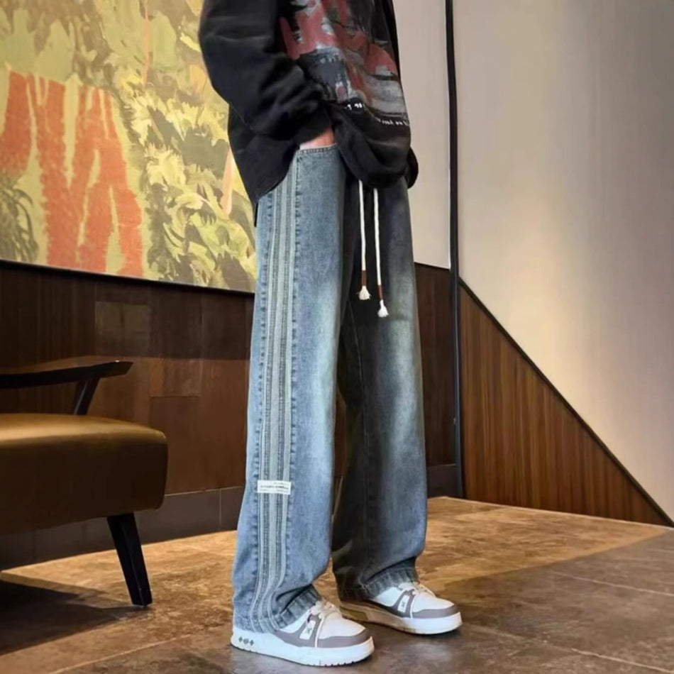 Men’s Striped Wide-Leg Loose Denim Jeans