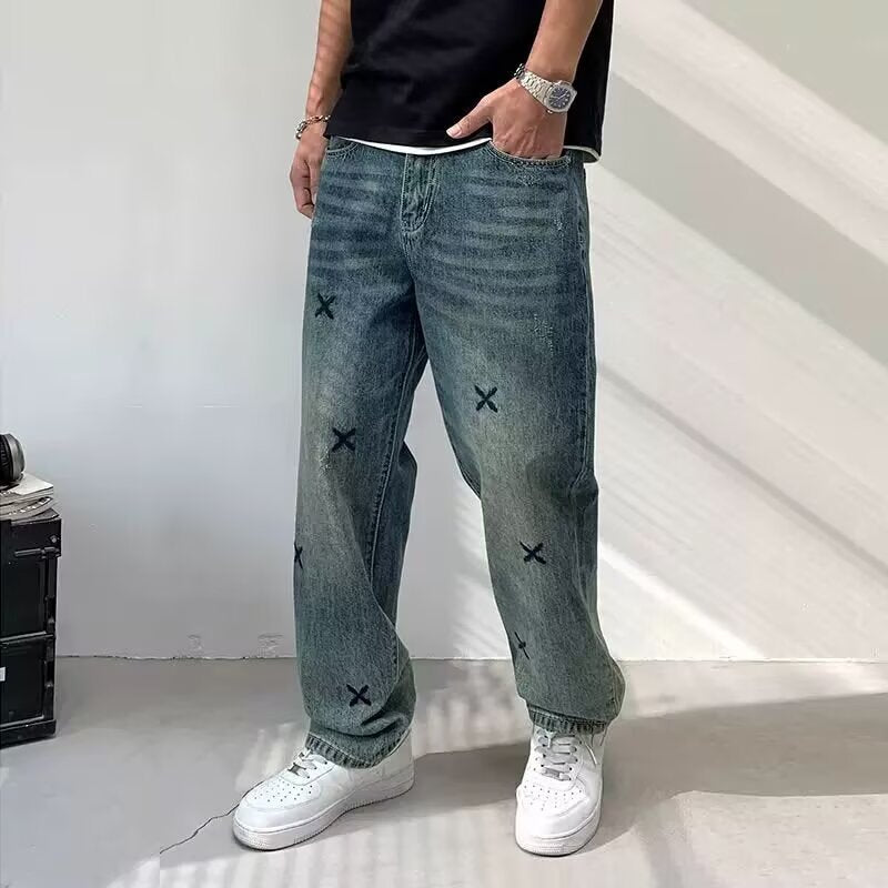 Men’s Heavy Washed Embroidered Straight Jeans