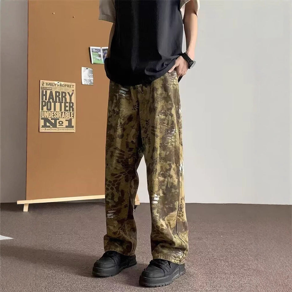 Men’s Snake Print Flared Retro Street Jeans
