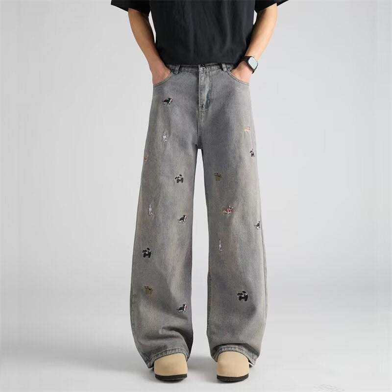 Men’s Cartoon Puppy Embroidered Wide-Leg Jeans